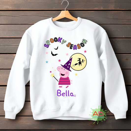 Personalised, Pink Pig Halloween Sweatshirt, Custom Halloween Sweatshirt, Kids Custom Cbeebies Inspired tshirt, kids witch jumper custom