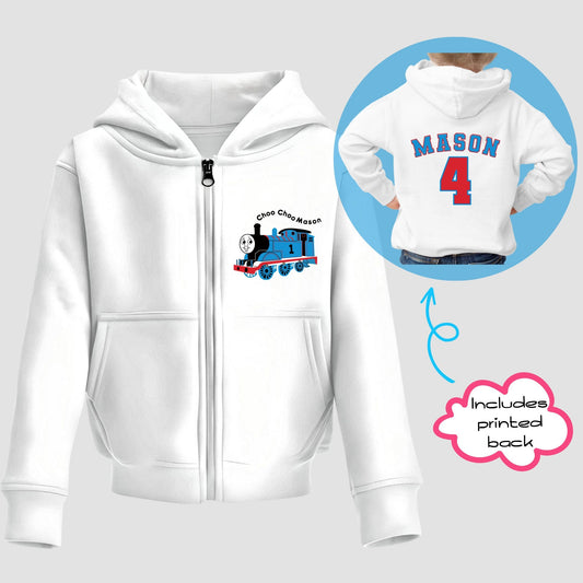 Personalised Kids Thomas The Train White Zip-up Hoodie Any Name and Number, Boys Birthday Oversized Hoodie, Name and Number Hoodie,