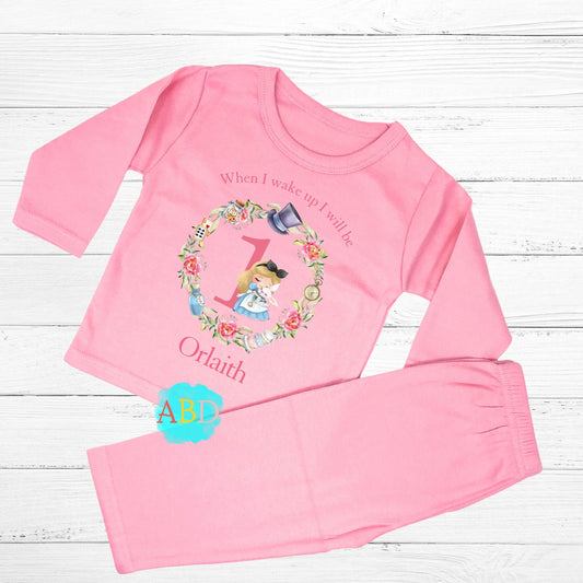 Alice 1st birthday pyjamas, personalised baby pyjamas, when i wake up Alice in Wonderland, Alice 1st personalised